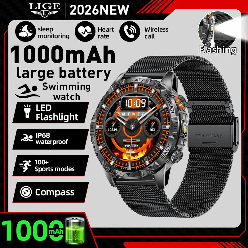 Military Grade Outdoor Smart Watch Men 2026 Sport Fitness Tracker 1000mah Watch Waterproof Flashlight Bluetooth Call Smartwatch