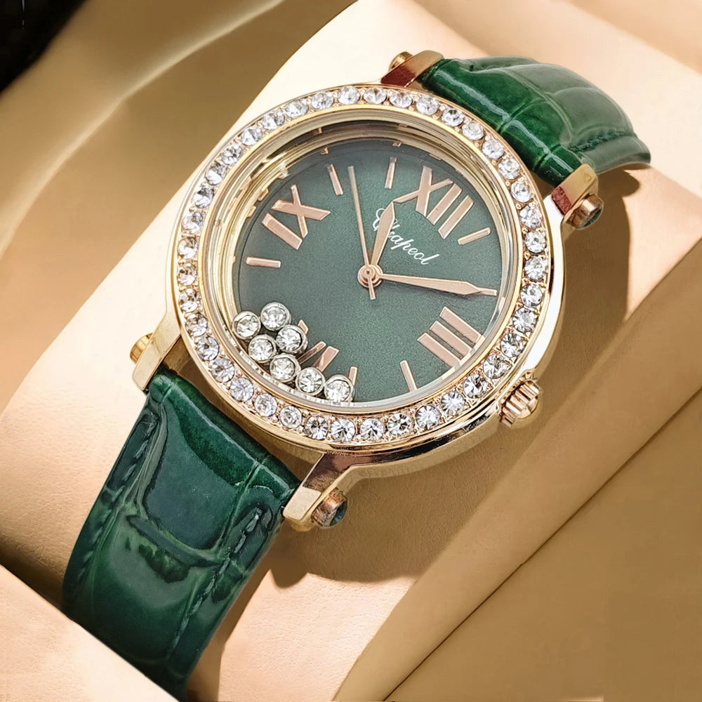 New Trendy Vintage Green Watch for Women, Stylish and Waterproof, with a Luxurious Diamond-Studded Design, Niche Camellia Style, Small Green Watch for Women, with Happy Diamonds