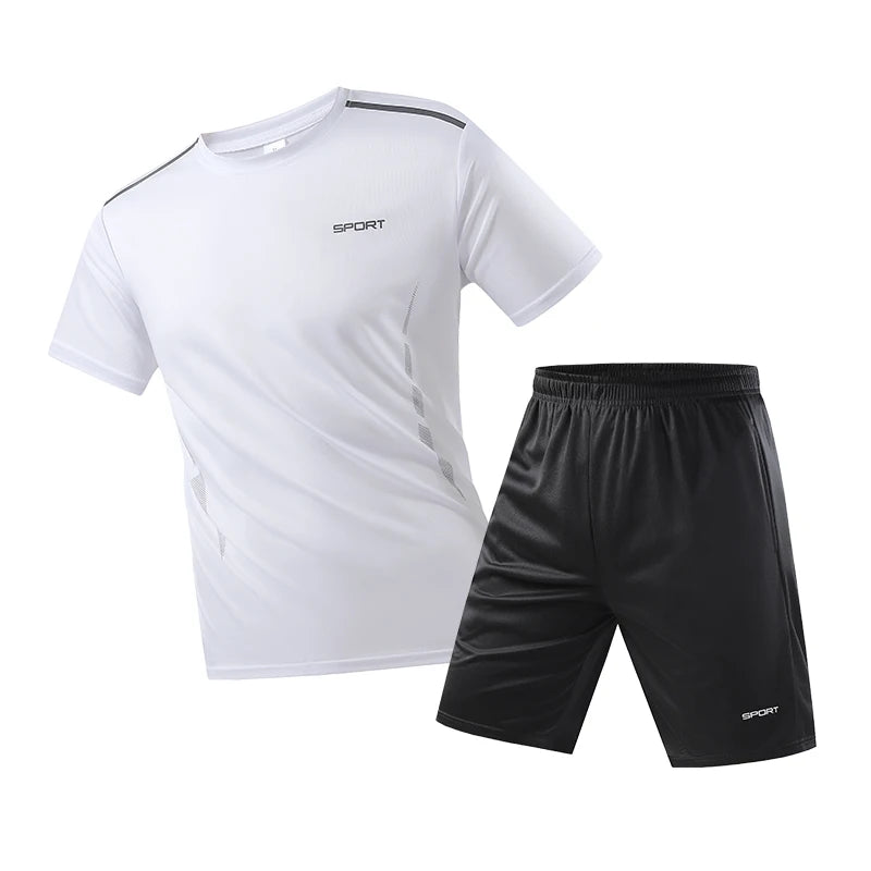 Men‘s Fitness Tracksuit Set Summer Casual Sporting Male Track Suit Quick-Drying Short-Sleeved Tops+Shorts Sweatsuit 2 Piece Set