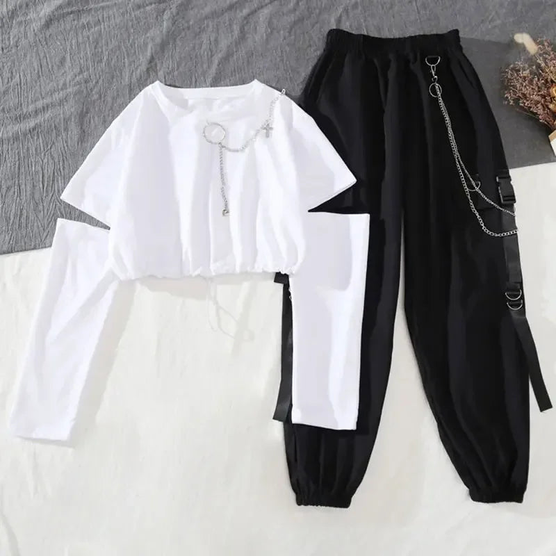 Tracksuit Removable Sleeve with Chain Top Handsome Casual Waistband Cargo Pants 2 Piece Sets Women's Outfits Spring Summer Suits