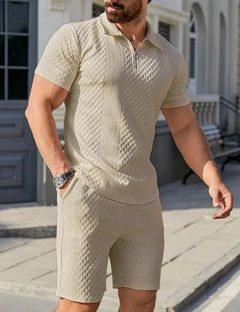 New summer Men Suit Fashion Men's tracksuit Jacquard Half Zip Short Sleeve Polo Shirt+Shorts 2 PCS Sets Men Casual Sports Suit
