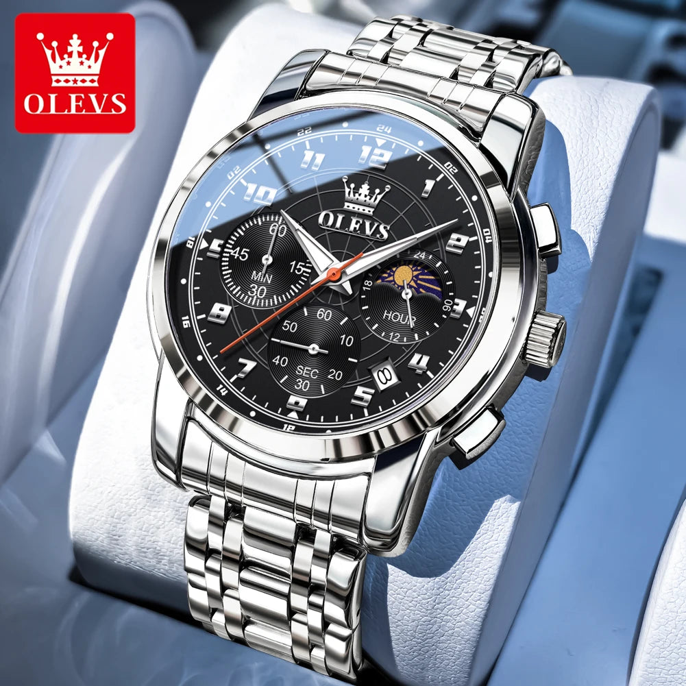 OLEVS 2983 New Quartz Men's Wristwatches Digital Intelligent Style Literal Steel Strap Waterproof Moon Phase Chronograph Watch