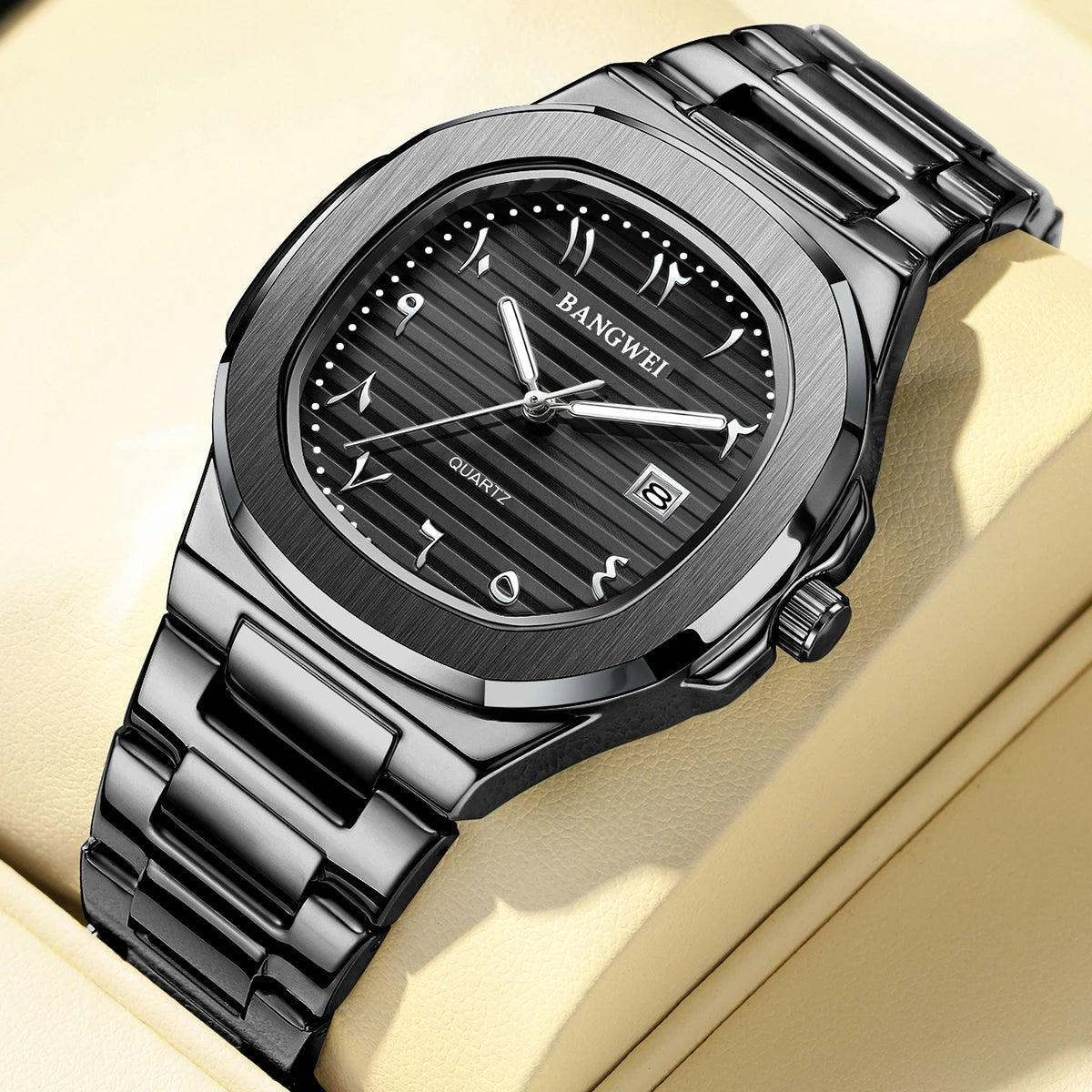 LIGE Fashion Luxury Business Square Quartz Watches Classic Stripe Design Dial with Stainless Steel Band Wristwatch for Men Relog