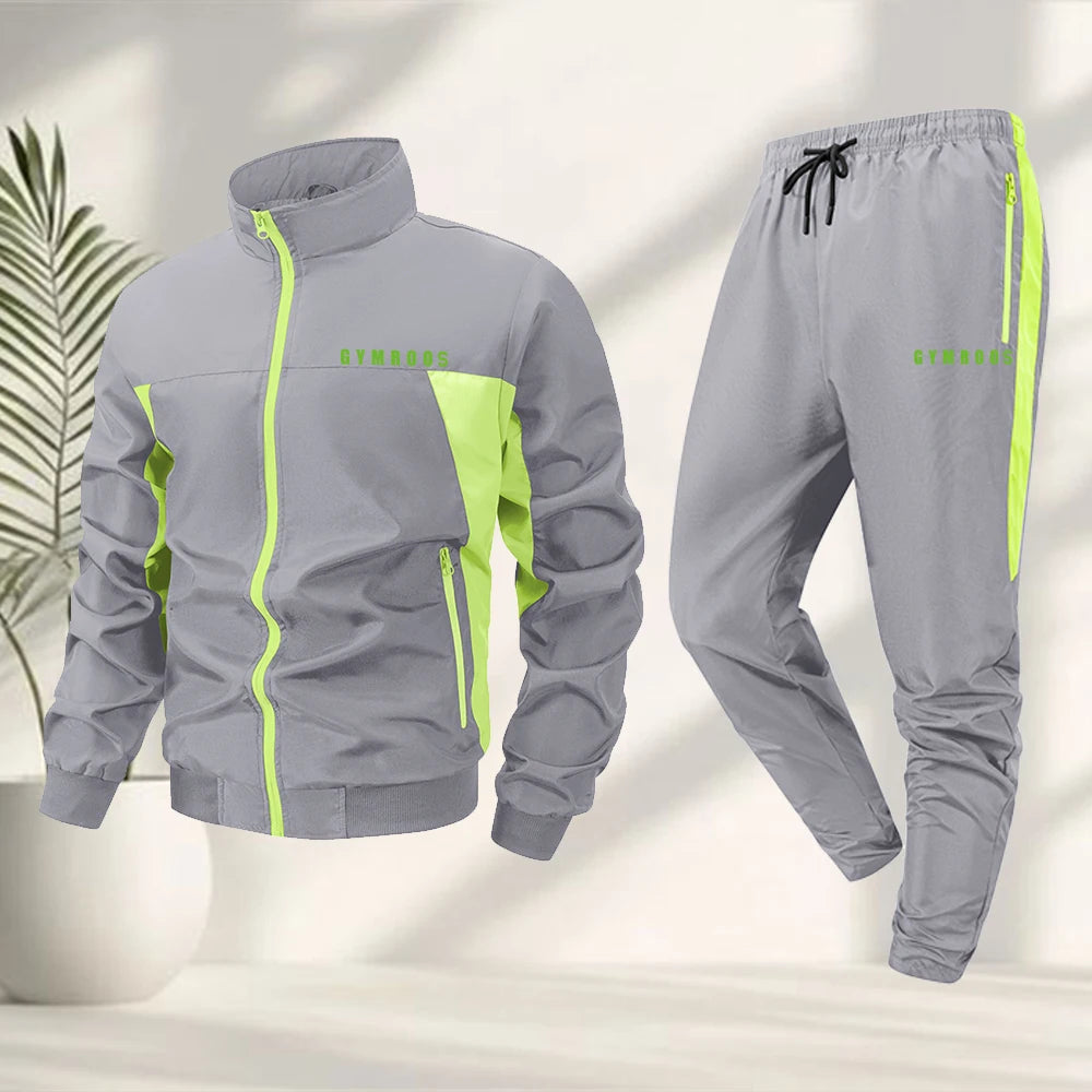 Men's Color Blocked Printed Tracksuit With Zip Up Jacket And Drawstring Trousers Suitable For Outdoor Fitness And Cycling