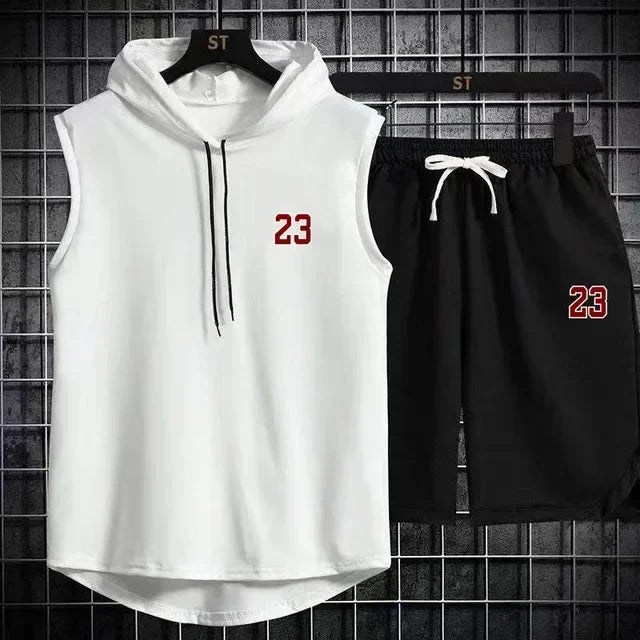 Summer New Men's Sleeveless Hooded T-shirt+shorts pants Sports two-piece set gym Fashion Casual Men Women Sports Two Piece Set