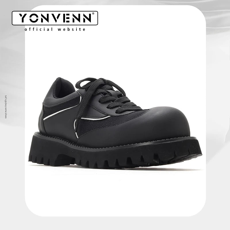 Sports leather shoes for men lightweight mesh splicing genuine leather black thick sole height increasing big head work shoes