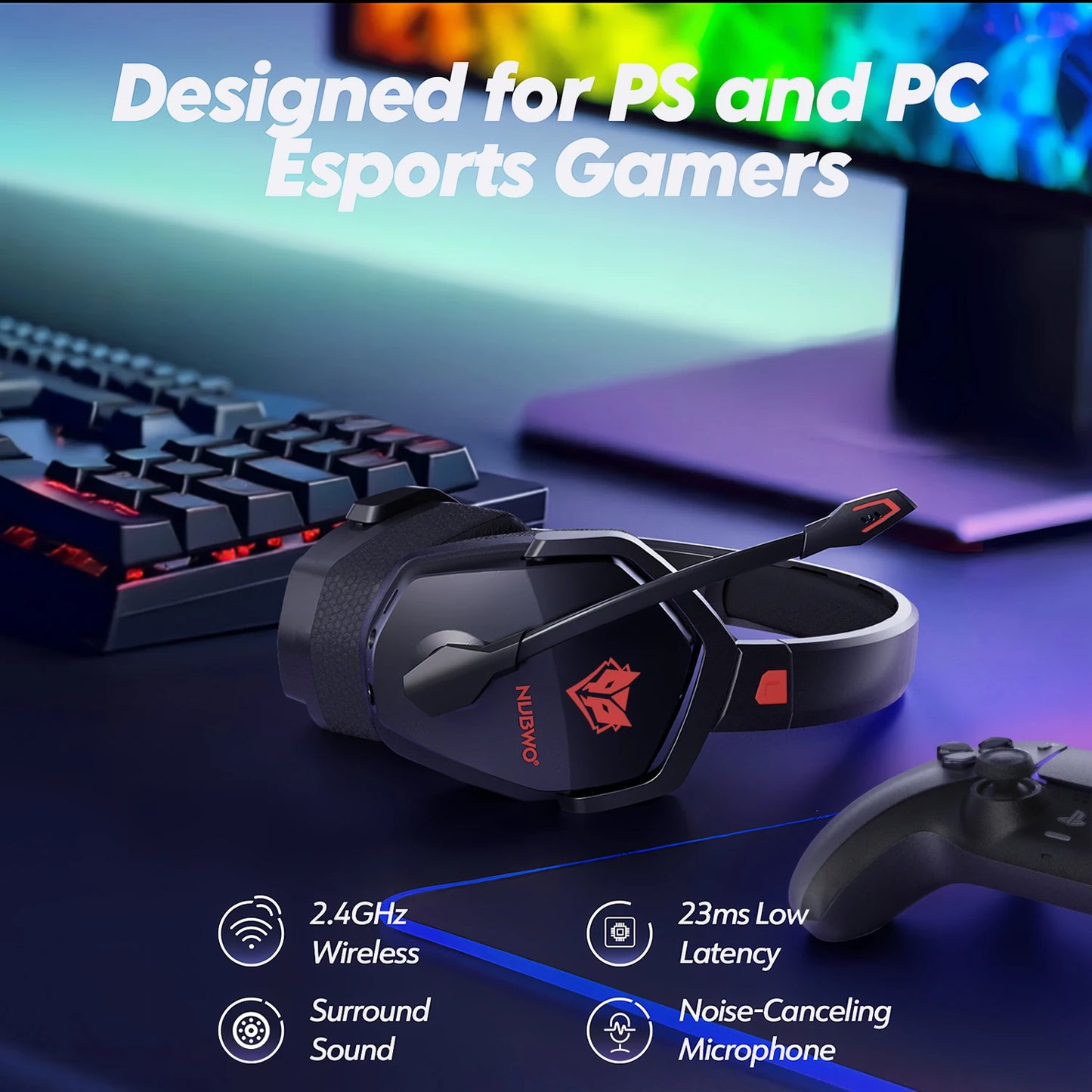 NUBWO G06 Dual Wireless Headsets Gamer with Microphone 2.4GHz Bluetooth 5.3 Gaming Headphones for PS5, PS4, PC, Mobile, Switch