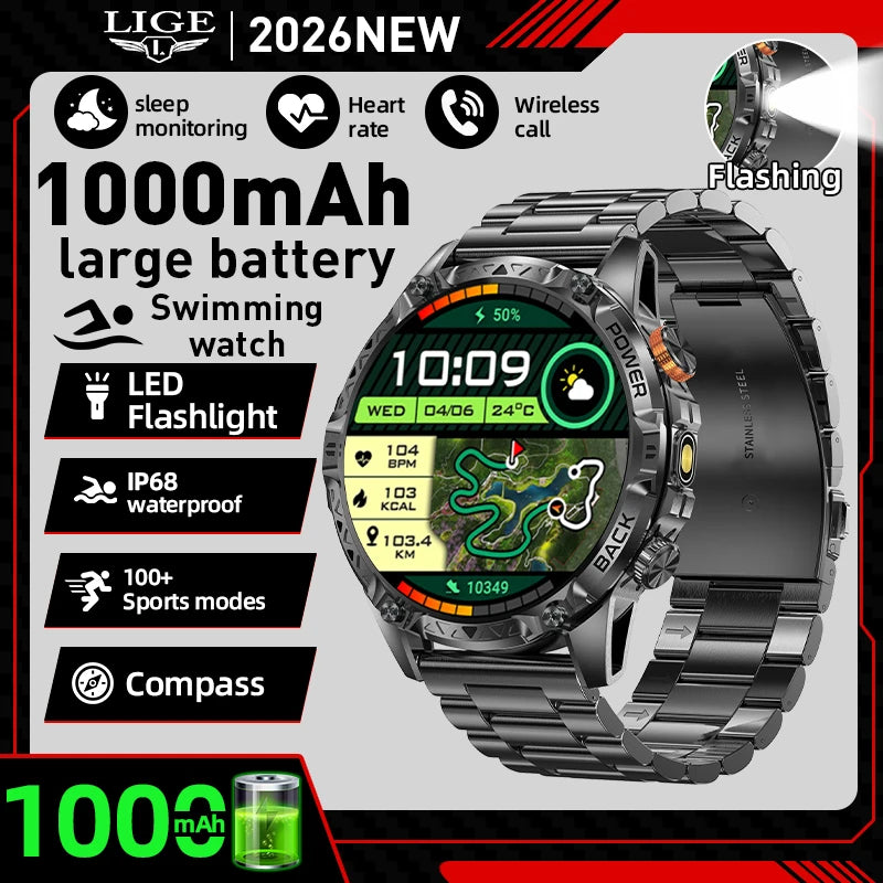 Military Grade Outdoor Smart Watch Men 2026 Sport Fitness Tracker 1000mah Watch Waterproof Flashlight Bluetooth Call Smartwatch