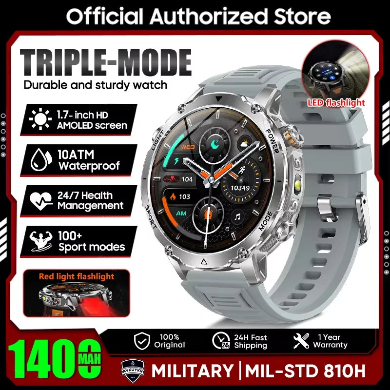 New 2026 Military 1400mAh Battery Smart Watch Men Outdoor Flashlight 10ATM Waterproof Heart Rate Bluetooth Call Sports Bracelets