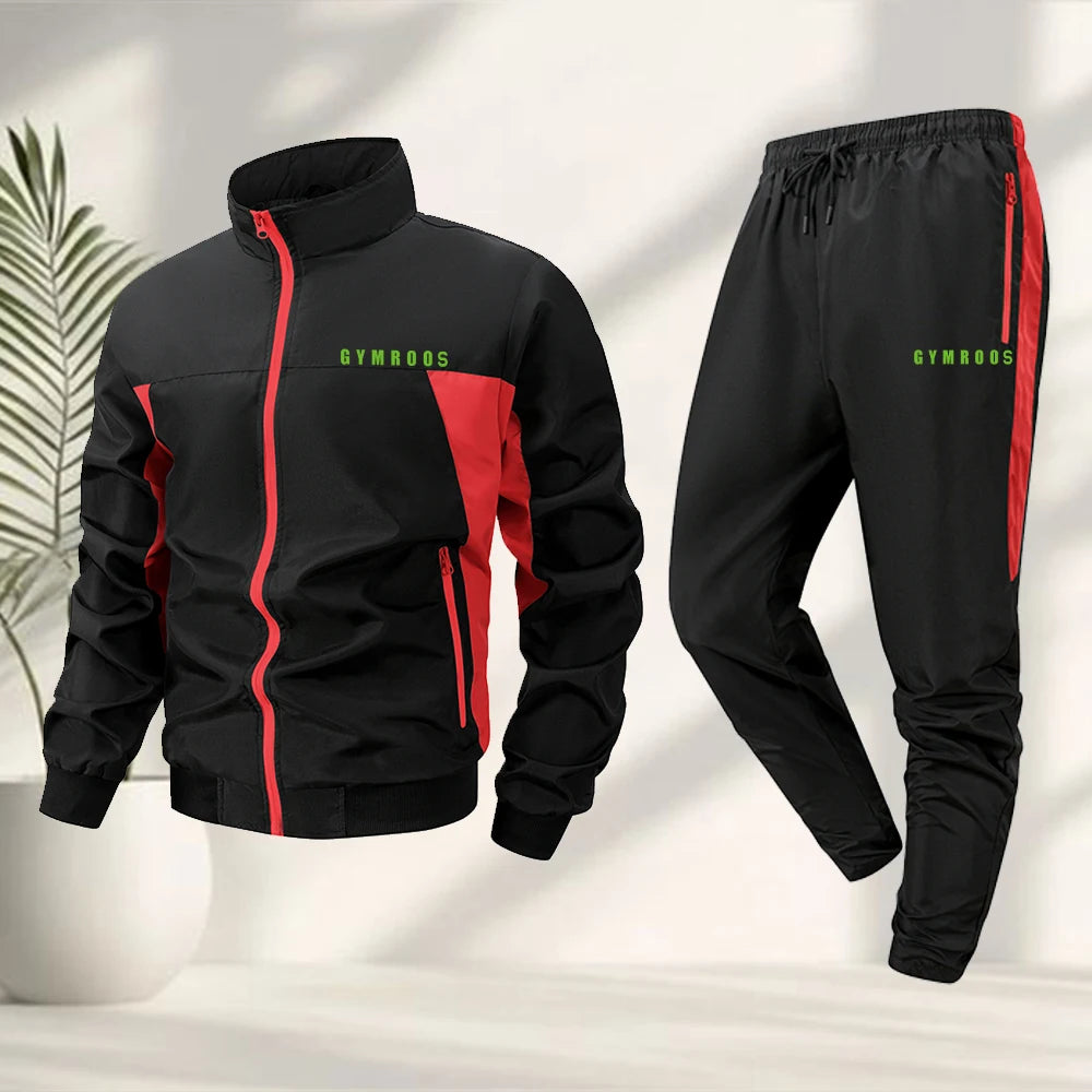Men's Color Blocked Printed Tracksuit With Zip Up Jacket And Drawstring Trousers Suitable For Outdoor Fitness And Cycling