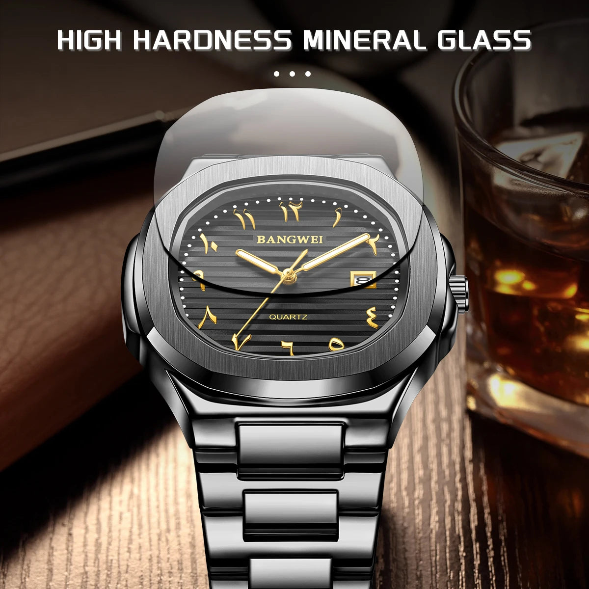 LIGE Fashion Luxury Business Square Quartz Watches Classic Stripe Design Dial with Stainless Steel Band Wristwatch for Men Relog