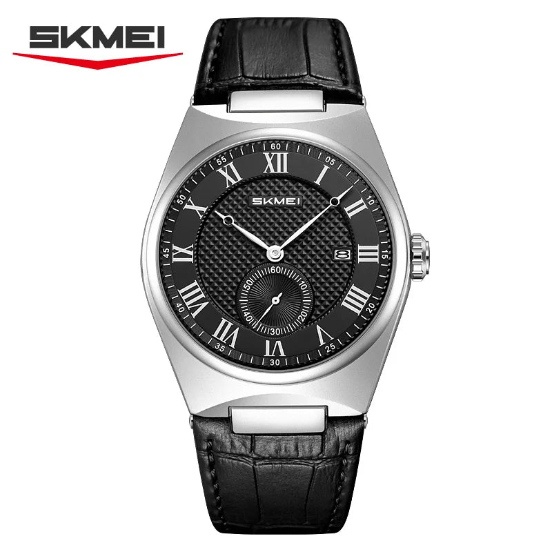 SKMEI 9390 Elegant Men's Quartz Watch Roman Scale Calendar Waterproof Leather Strap Casual Business Watches for Man reloj hombre