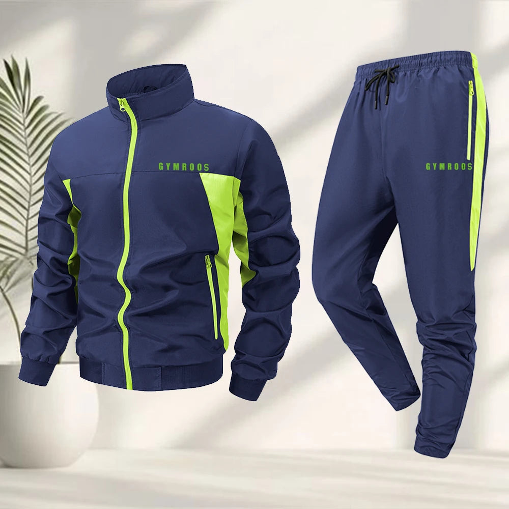 Men's Color Blocked Printed Tracksuit With Zip Up Jacket And Drawstring Trousers Suitable For Outdoor Fitness And Cycling