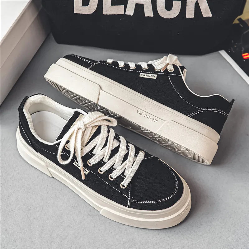 Spring New Sports Shoes for Men, Breathable, Casual, Thick-Soled, Low-Top, Fashionable and Versatile, Black Basic Cloth Shoes, Trbottomyy Skateboard Shoes for Men, Suitable for Outdoor Sports, Daily Wear