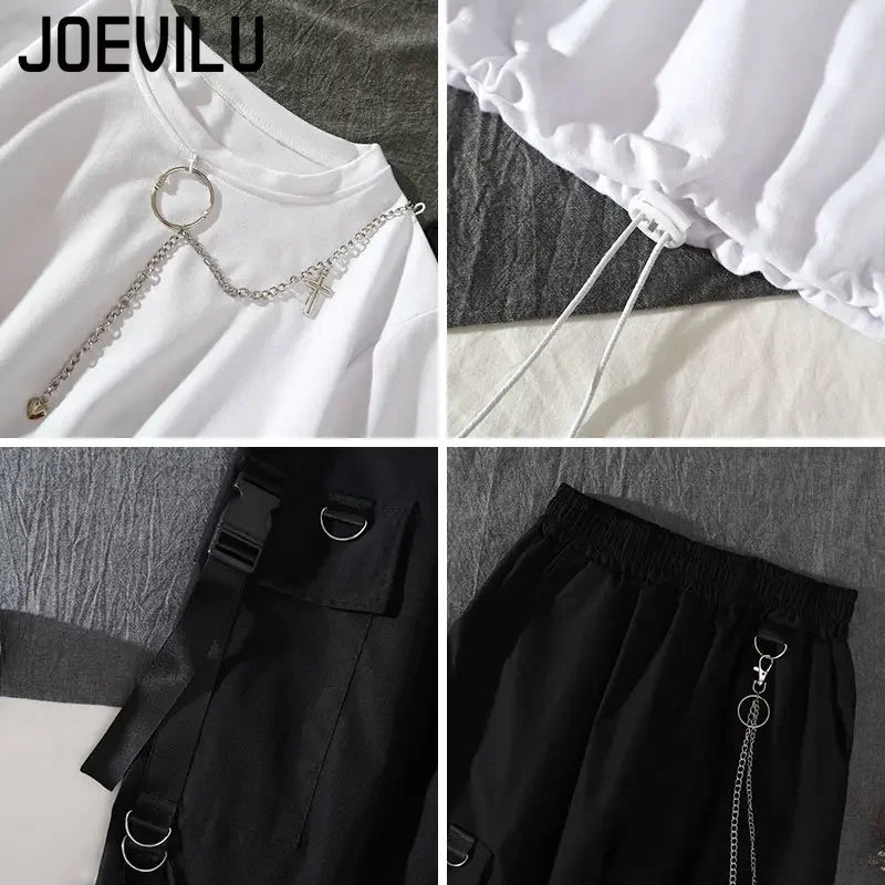 Tracksuit Removable Sleeve with Chain Top Handsome Casual Waistband Cargo Pants 2 Piece Sets Women's Outfits Spring Summer Suits