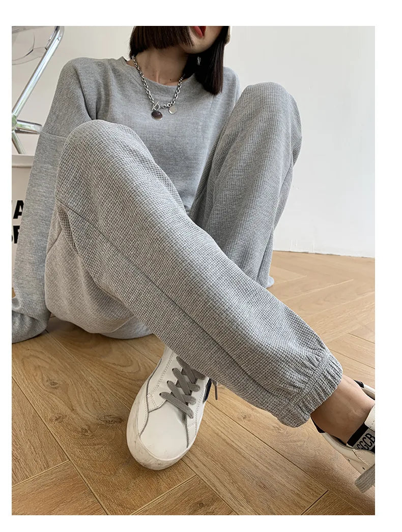 New Round Neck Running Set Long Sleeved Long Pants 2-piece Set Women's Waffle Sports Hoodie Top Men's Women's Fitness Sports Set