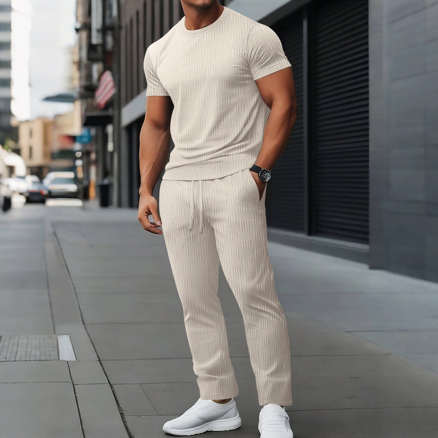 Mens Textured Tracksuit Set Crew Neck T Shirt and Long Pants 2025 New Casual Sportswear Outfits