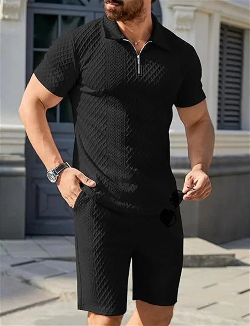 New summer Men Suit Fashion Men's tracksuit Jacquard Half Zip Short Sleeve Polo Shirt+Shorts 2 PCS Sets Men Casual Sports Suit