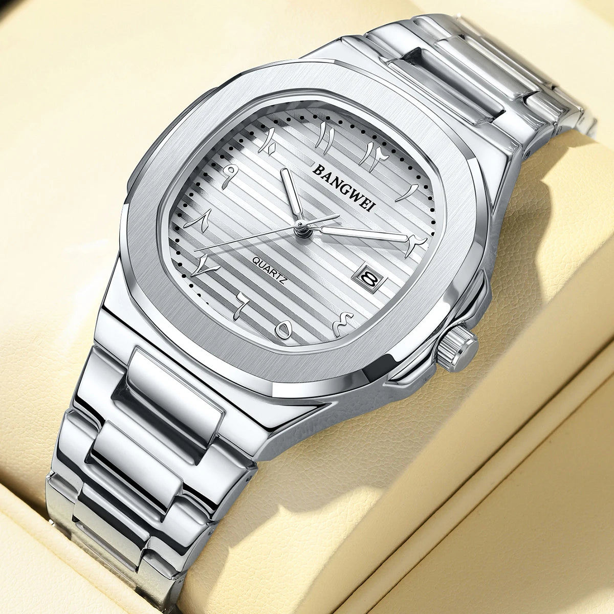 LIGE Fashion Luxury Business Square Quartz Watches Classic Stripe Design Dial with Stainless Steel Band Wristwatch for Men Relog