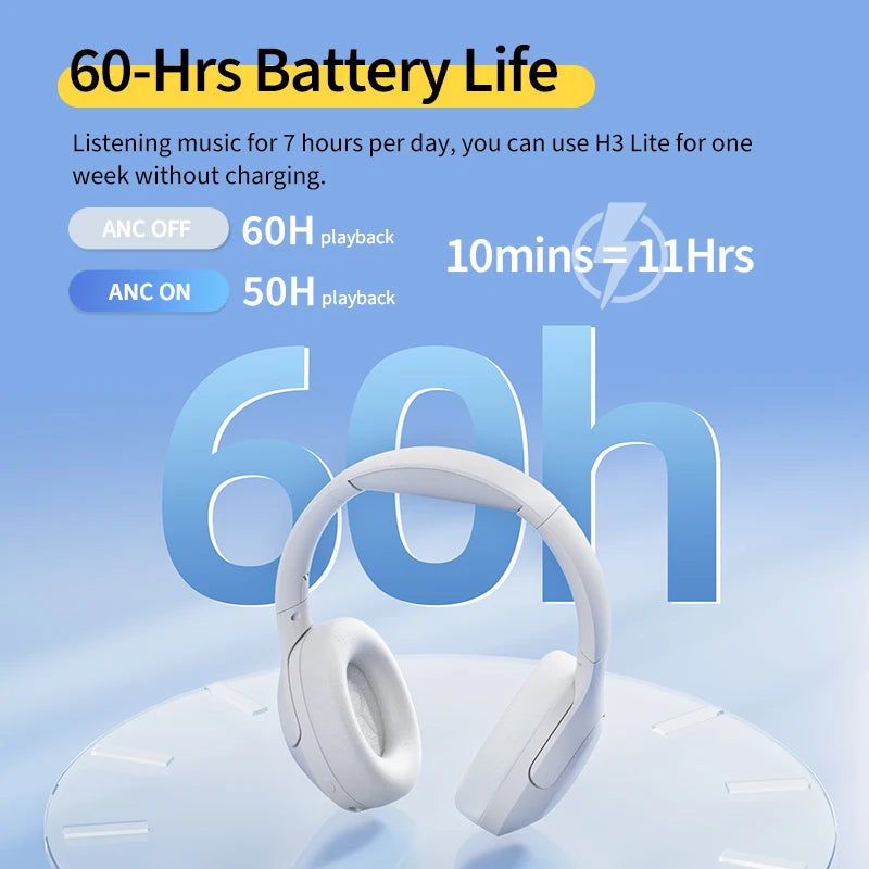 QCY H3 Lite ANC Wireless Headphones 40mm Driver Bluetooth 5.3 Earphones Active Noise Cancellation Over Ear Headset Clear HD Call