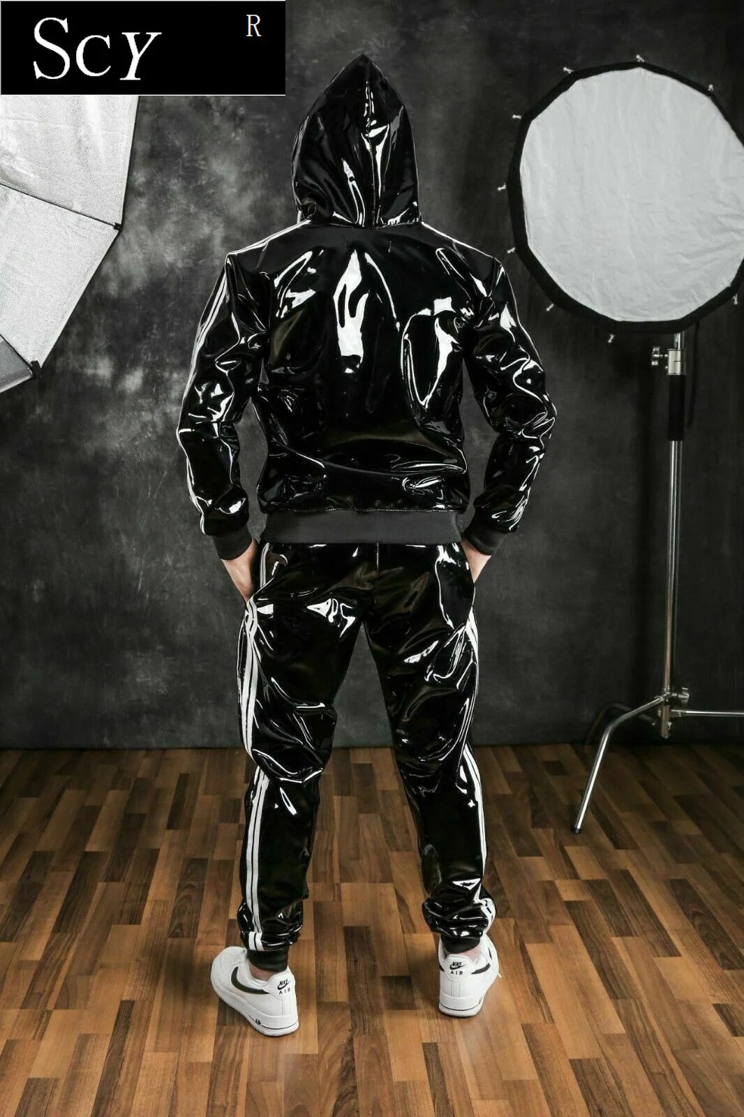 Men's and women's PU leather Hoodie suit leisure sportswear Hoodie jogging suit sportswear men's suit bright leather sportswear