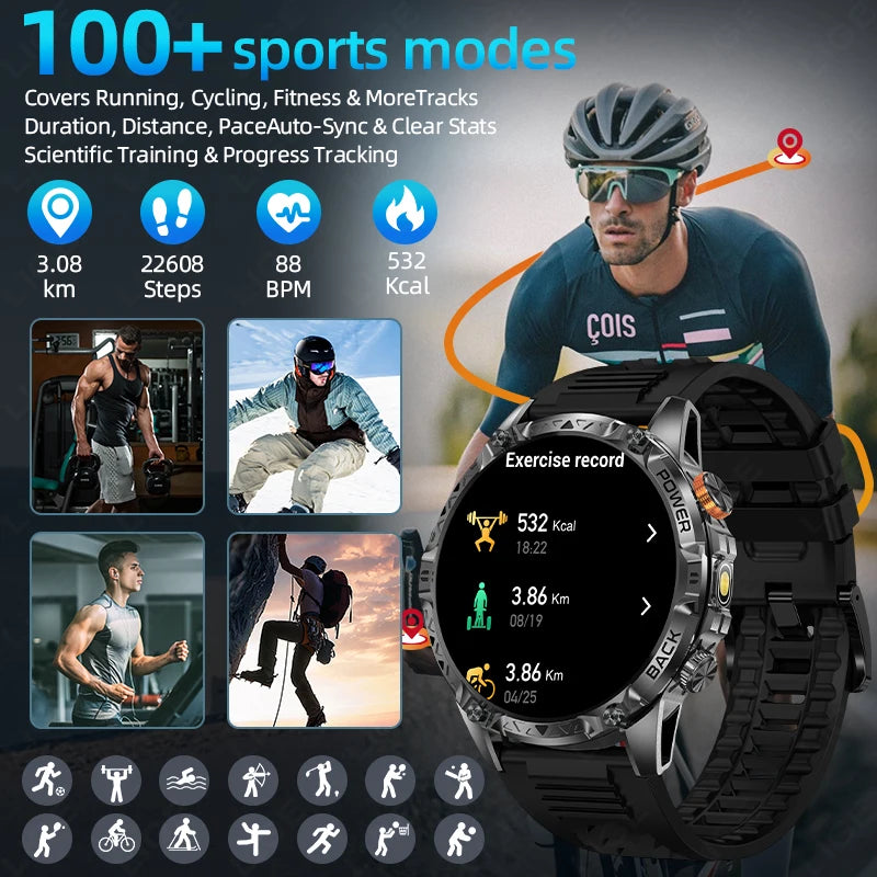 Military Grade Outdoor Smart Watch Men 2026 Sport Fitness Tracker 1000mah Watch Waterproof Flashlight Bluetooth Call Smartwatch