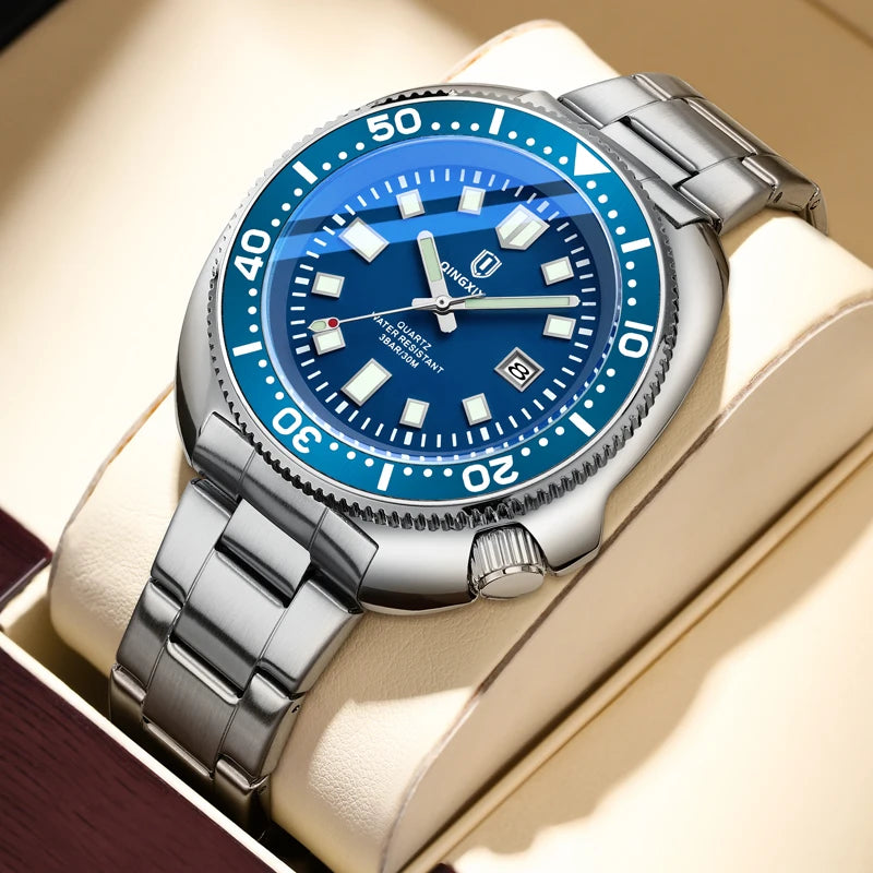 QINGXIYA Top Brand Luxury Men's Quartz Watches High Qualit Stainless Steel Strap Waterproof Luminous Date Fashion Sport Watch