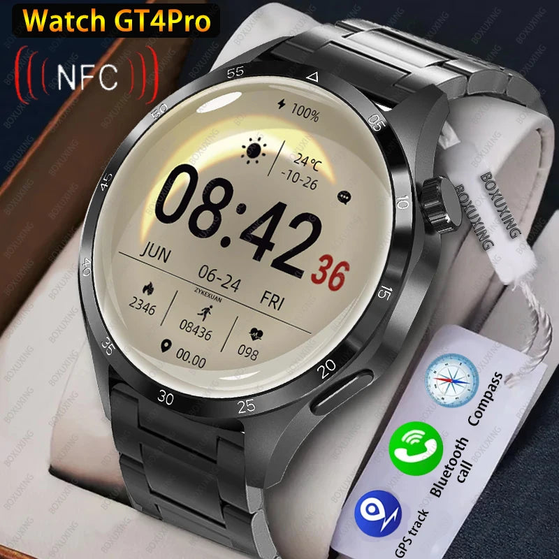 2026 New Smart Watch Men Watch 4 Pro AMOLED HD Screen Bluetooth Call Waterproof Smartwatch NFC Health Monitoring Watch GT4Pro+