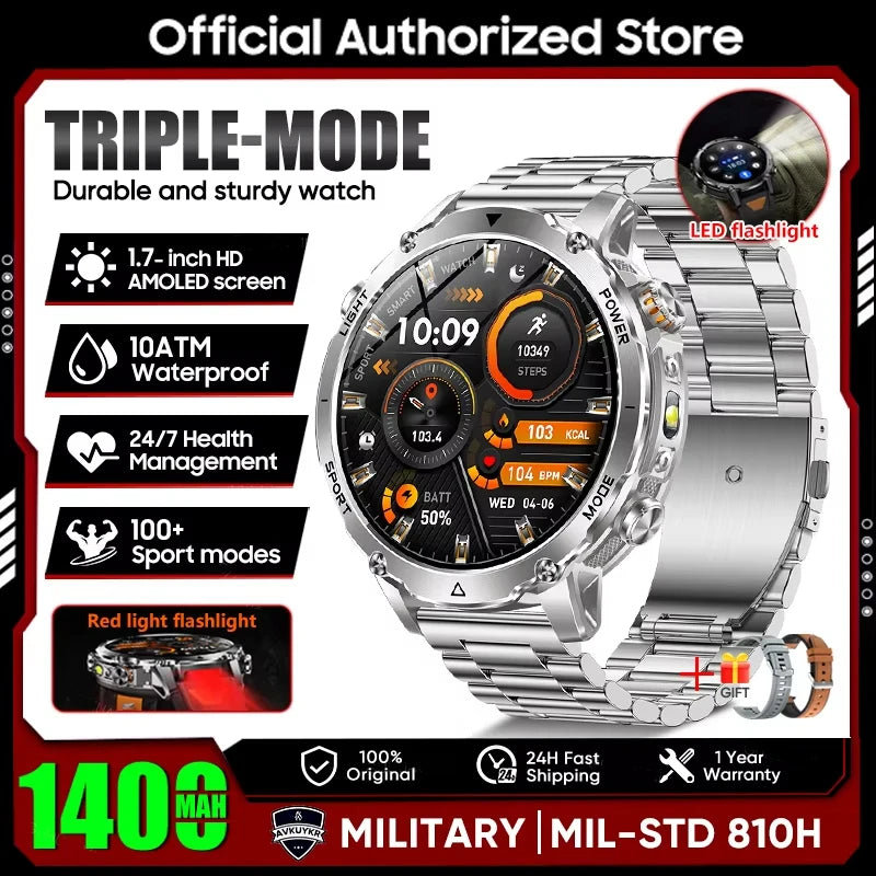 New 2026 Military 1400mAh Battery Smart Watch Men Outdoor Flashlight 10ATM Waterproof Heart Rate Bluetooth Call Sports Bracelets