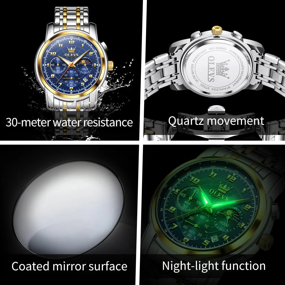 OLEVS 2983 New Quartz Men's Wristwatches Digital Intelligent Style Literal Steel Strap Waterproof Moon Phase Chronograph Watch
