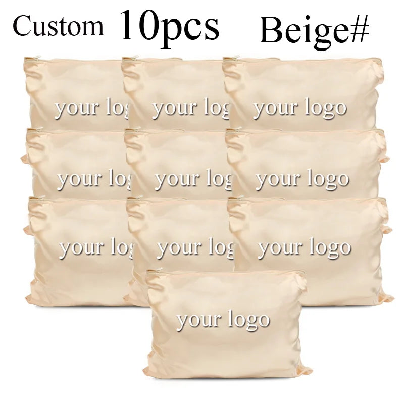 10Pcs Hair Bags With Zipper For Bundles Packaging Satin Wig Bags 25*35Cm Big Size Satin Silk Hair Packaging Bag Logo Customize