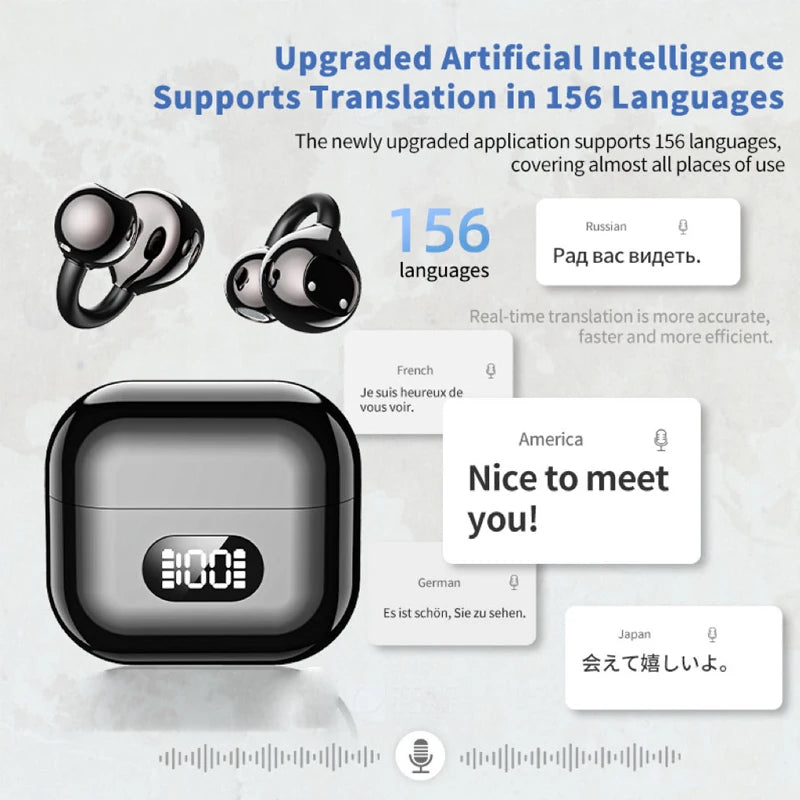 UYUXIO AI Language Translator Earphone with 150 Online Languages Clip On OWS Real Time Translation Earbuds for Business Travel