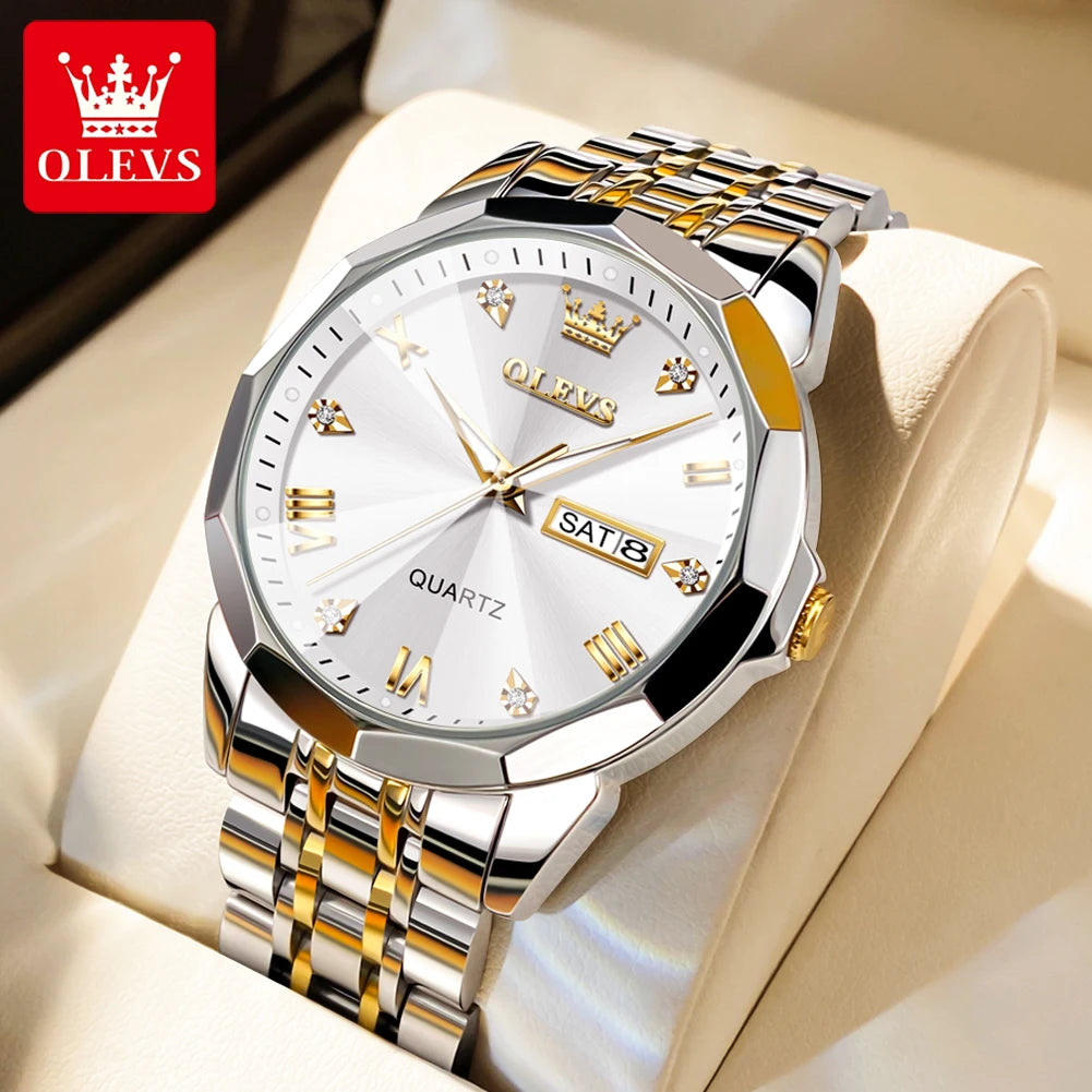 OLEVS Men Watches Smart Casual Top Brand Stainless Steel Original Quartz Wristwatch Rhombus Mirror Waterproof Date Week Luminous