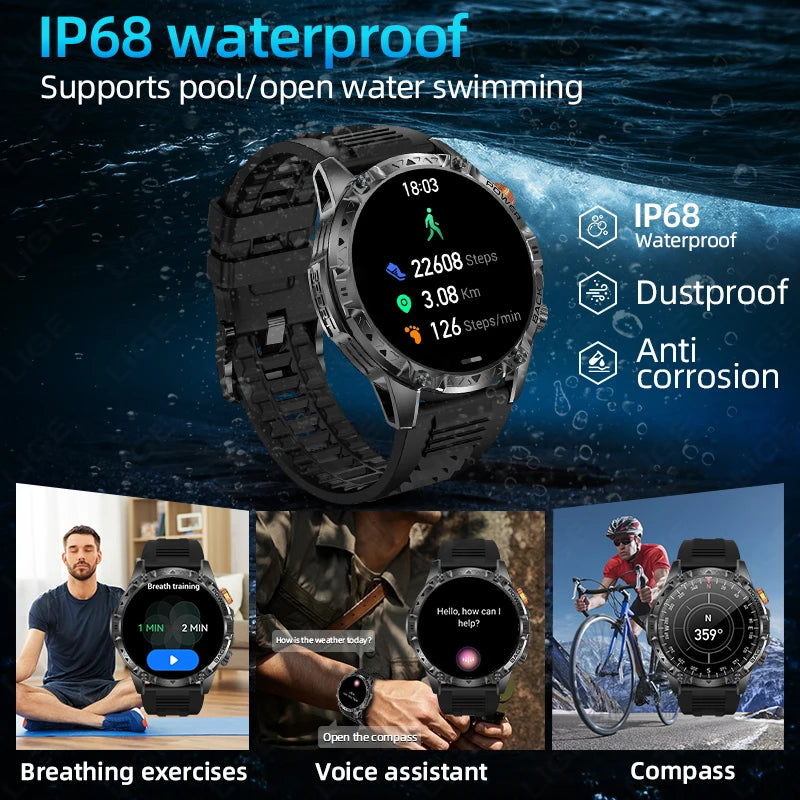 Military Grade Outdoor Smart Watch Men 2026 Sport Fitness Tracker 1000mah Watch Waterproof Flashlight Bluetooth Call Smartwatch