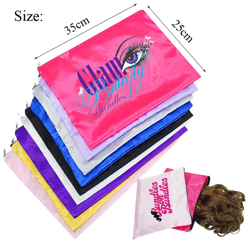 10Pcs Hair Bags With Zipper For Bundles Packaging Satin Wig Bags 25*35Cm Big Size Satin Silk Hair Packaging Bag Logo Customize