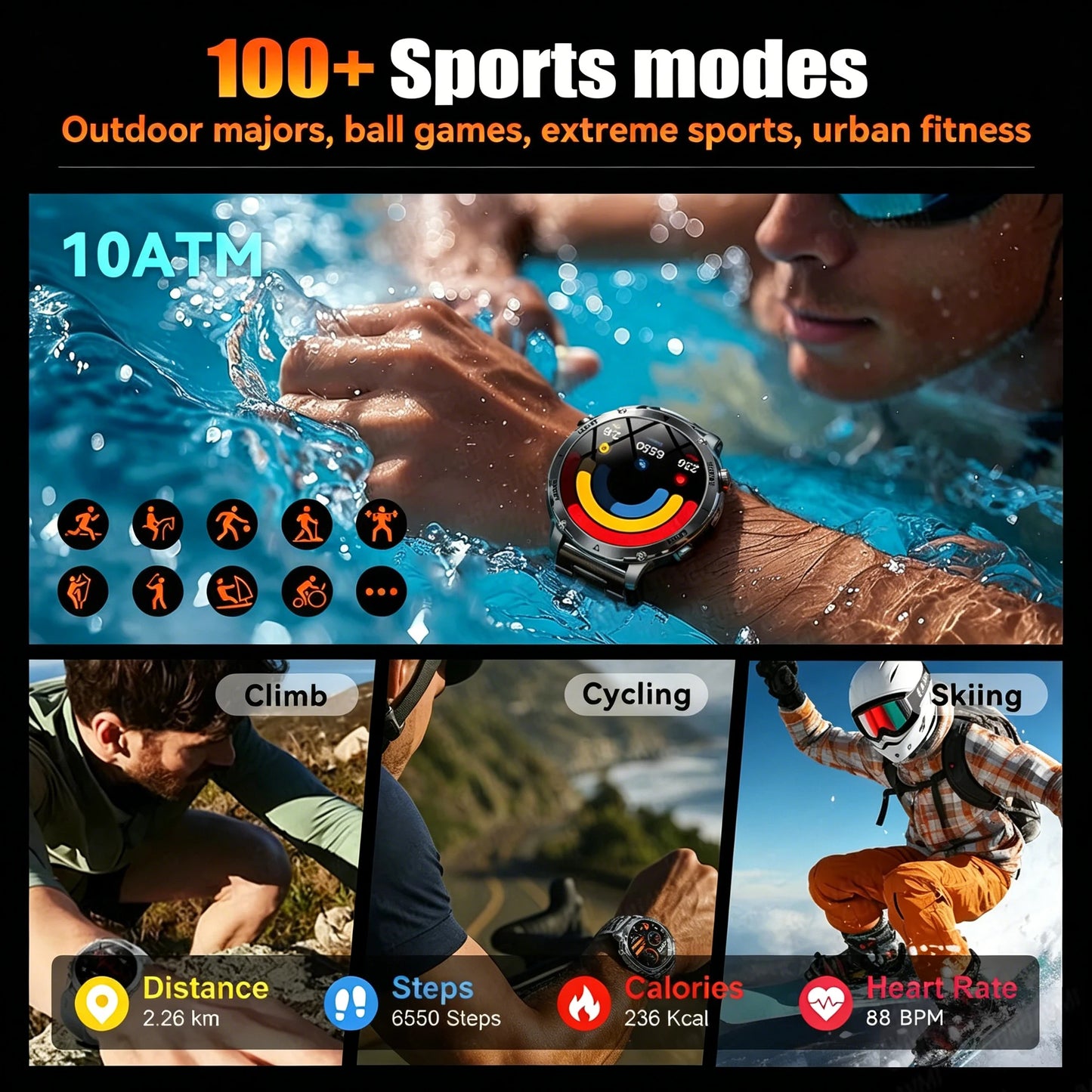 New 2026 Military 1400mAh Battery Smart Watch Men Outdoor Flashlight 10ATM Waterproof Heart Rate Bluetooth Call Sports Bracelets