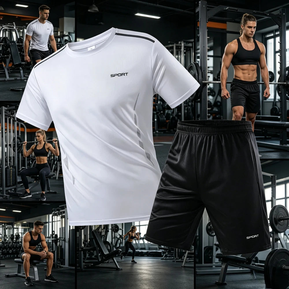 Men‘s Fitness Tracksuit Set Summer Casual Sporting Male Track Suit Quick-Drying Short-Sleeved Tops+Shorts Sweatsuit 2 Piece Set