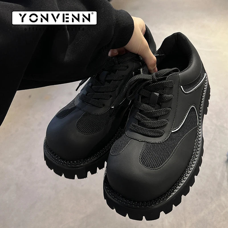 Sports leather shoes for men lightweight mesh splicing genuine leather black thick sole height increasing big head work shoes