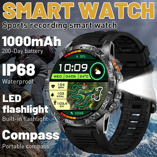 Military Grade Outdoor Smart Watch Men 2026 Sport Fitness Tracker 1000mah Watch Waterproof Flashlight Bluetooth Call Smartwatch