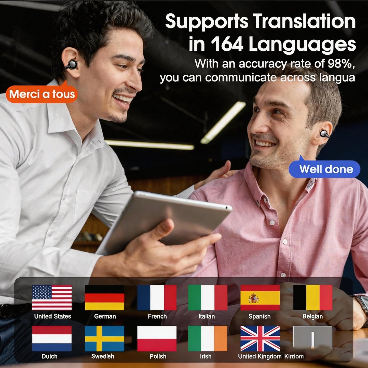 UYUXIO AI Language Translator Earphone with 150 Online Languages Clip On OWS Real Time Translation Earbuds for Business Travel