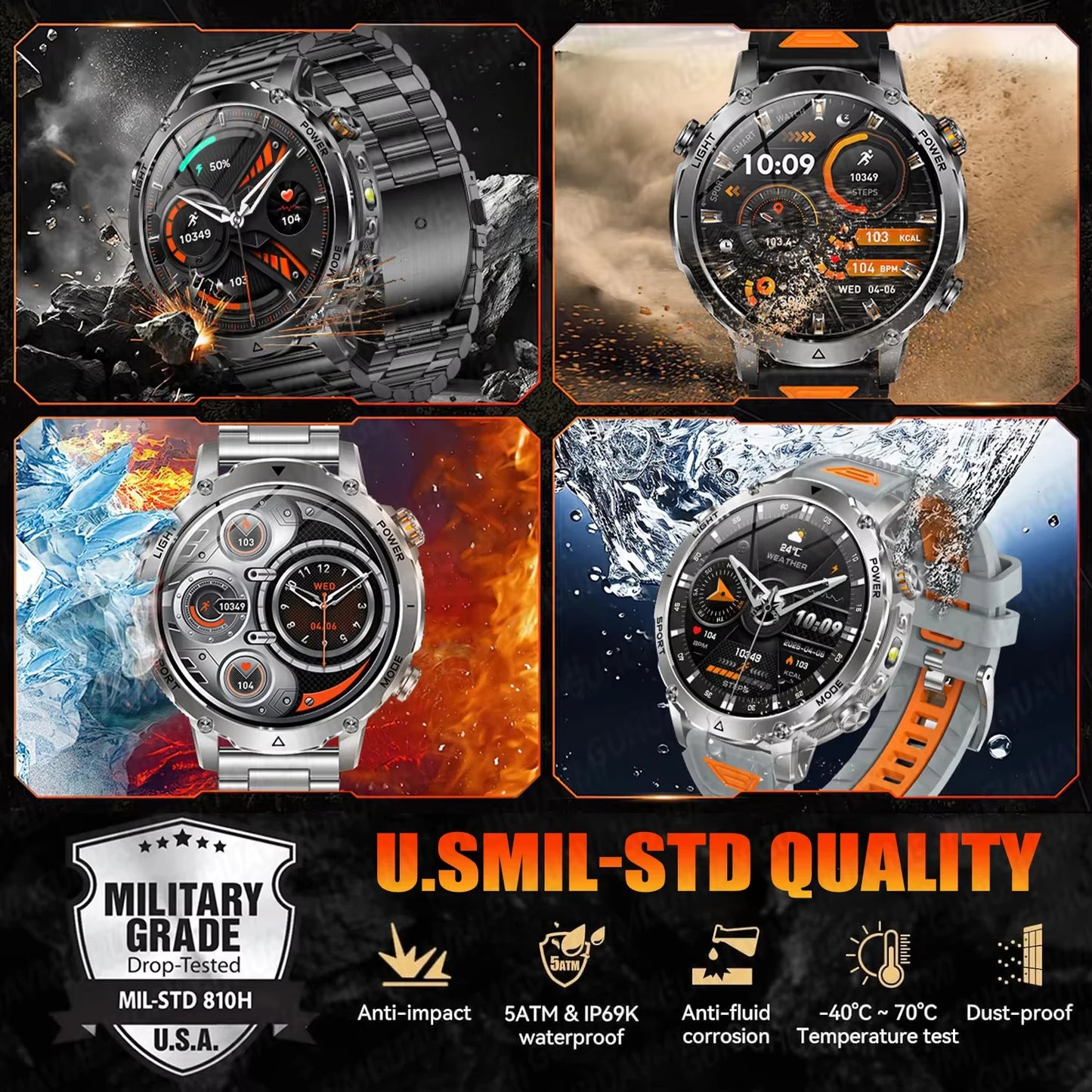 New 2026 Military 1400mAh Battery Smart Watch Men Outdoor Flashlight 10ATM Waterproof Heart Rate Bluetooth Call Sports Bracelets