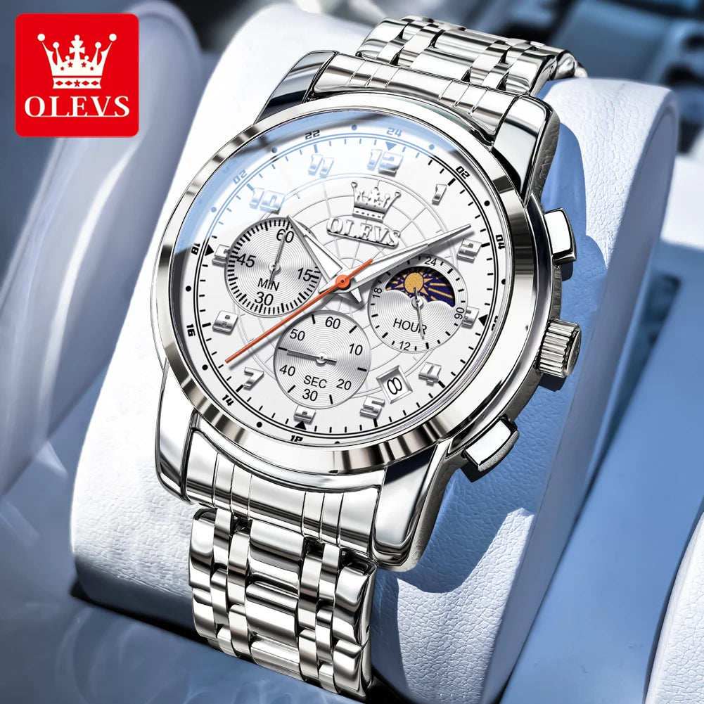 OLEVS 2983 New Quartz Men's Wristwatches Digital Intelligent Style Literal Steel Strap Waterproof Moon Phase Chronograph Watch