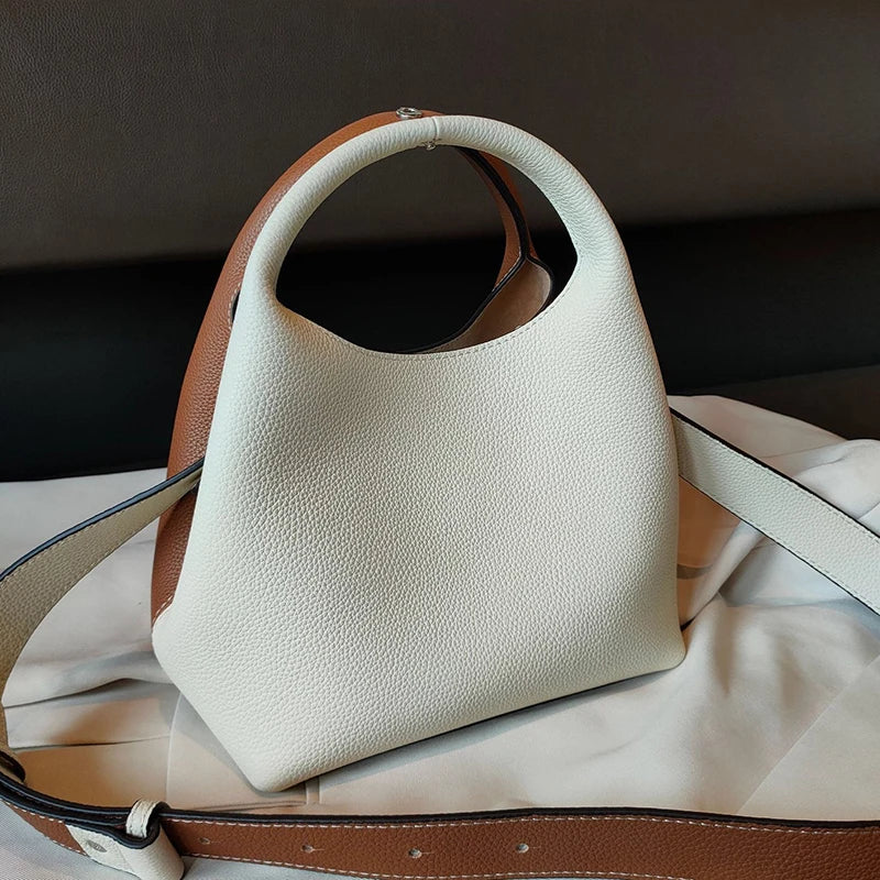 2025 fashion Bucket Basket Bags Cowhide Leather patchwork tote high quality women Handbag shoulder crossbody bag Large capacity