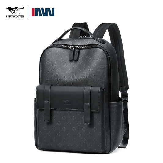 Septwolves Luxury Leather Backpack for Men Monogram Printed Stylish Laptop Backpack 15 Inch Travel Bag Black Business Backpack