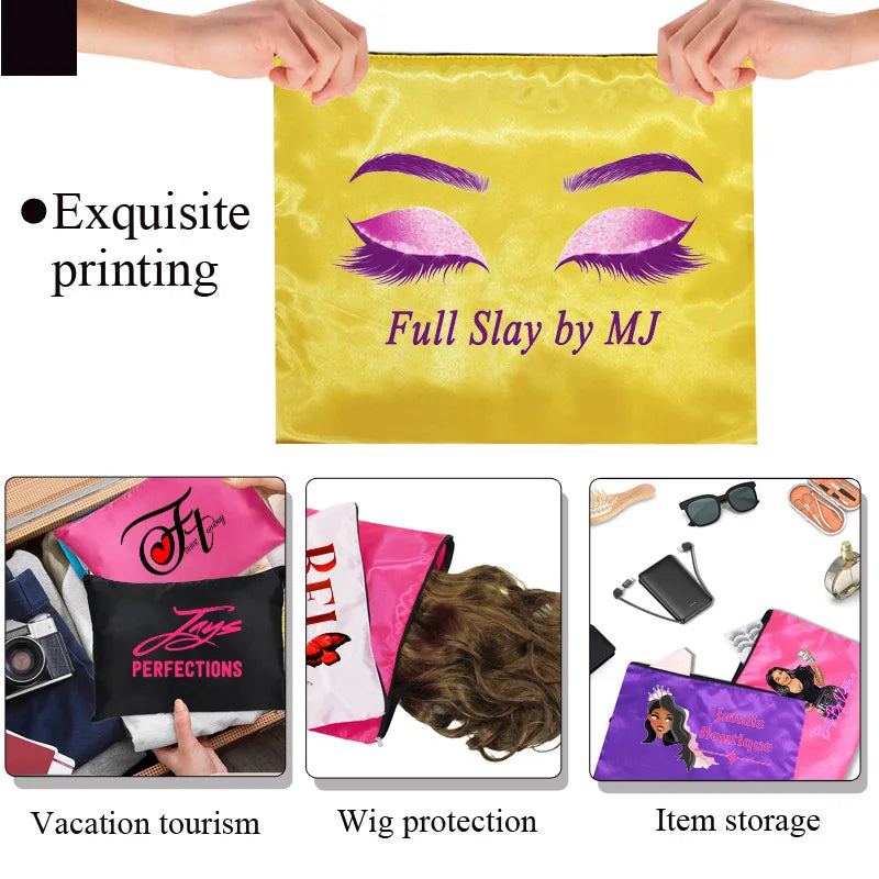 10Pcs Hair Bags With Zipper For Bundles Packaging Satin Wig Bags 25*35Cm Big Size Satin Silk Hair Packaging Bag Logo Customize