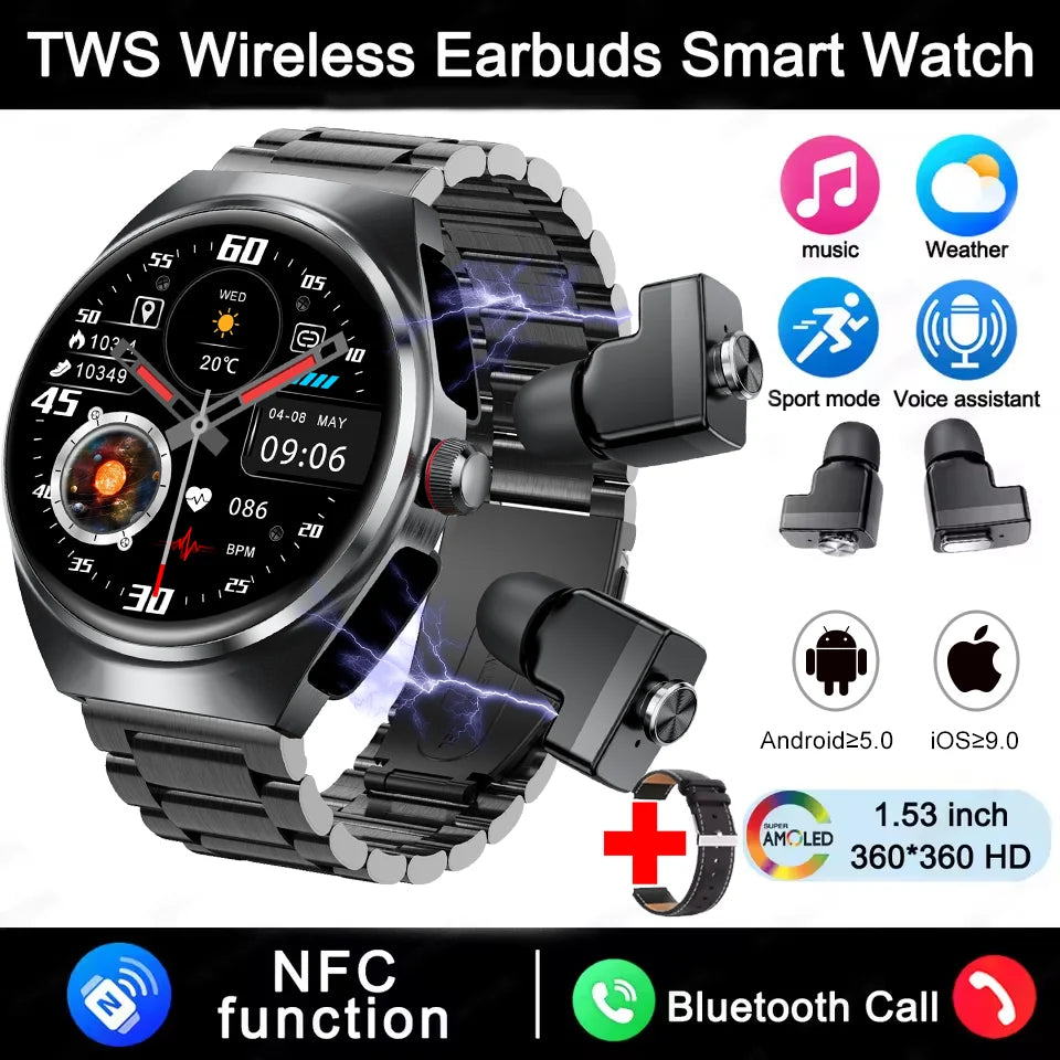 2026 2-in-1 Smart Watch With Earbuds NFC Smartwatch TWS Bluetooth Earphone Heart Rate Blood Pressure Monitor Sport Fitness Watch