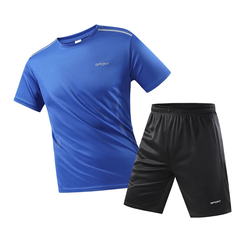 Men‘s Fitness Tracksuit Set Summer Casual Sporting Male Track Suit Quick-Drying Short-Sleeved Tops+Shorts Sweatsuit 2 Piece Set