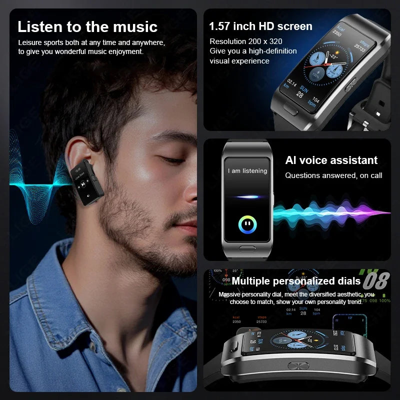LIGE 2 in1 Smart Watch with Earplug Men Women Bluetooth Call Smartwatches 1.57inch Full Touch Screen GPS SportsTrack  Smartwatch