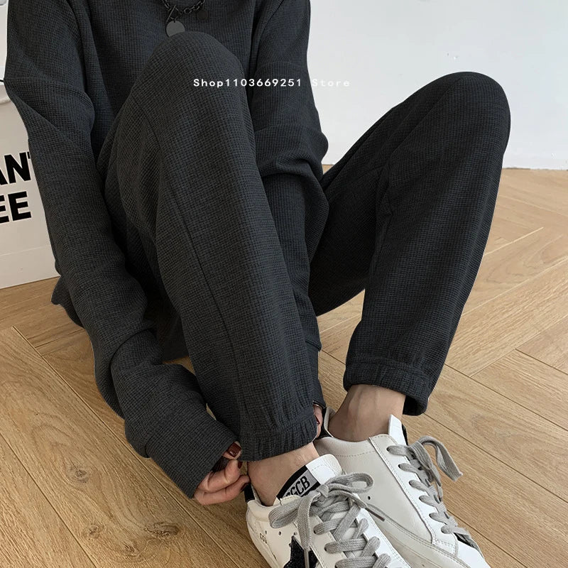 New Round Neck Running Set Long Sleeved Long Pants 2-piece Set Women's Waffle Sports Hoodie Top Men's Women's Fitness Sports Set