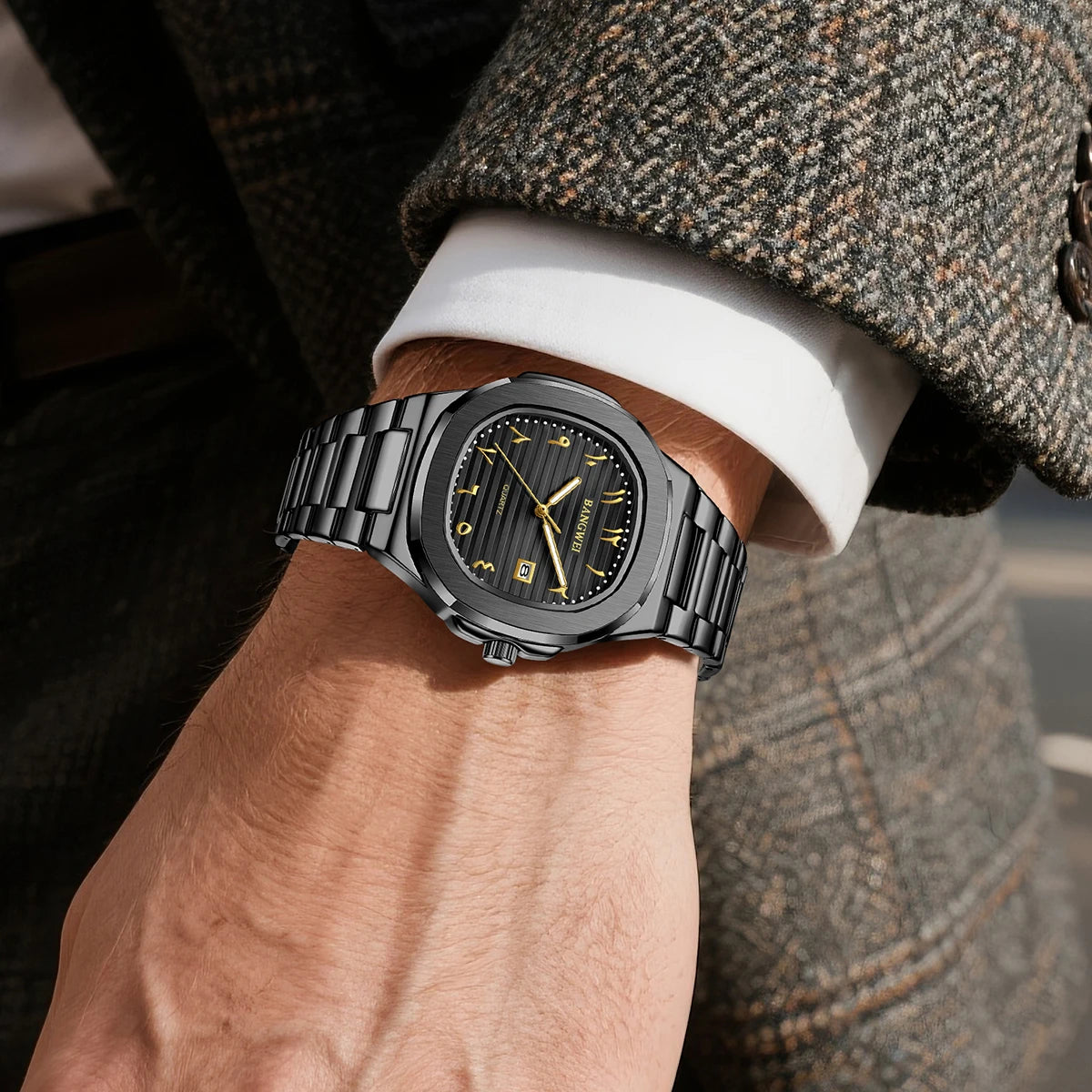 LIGE Fashion Luxury Business Square Quartz Watches Classic Stripe Design Dial with Stainless Steel Band Wristwatch for Men Relog